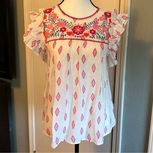NWT 🌸 Pink Aztec & Embroidered Ruffle Top 🌸
